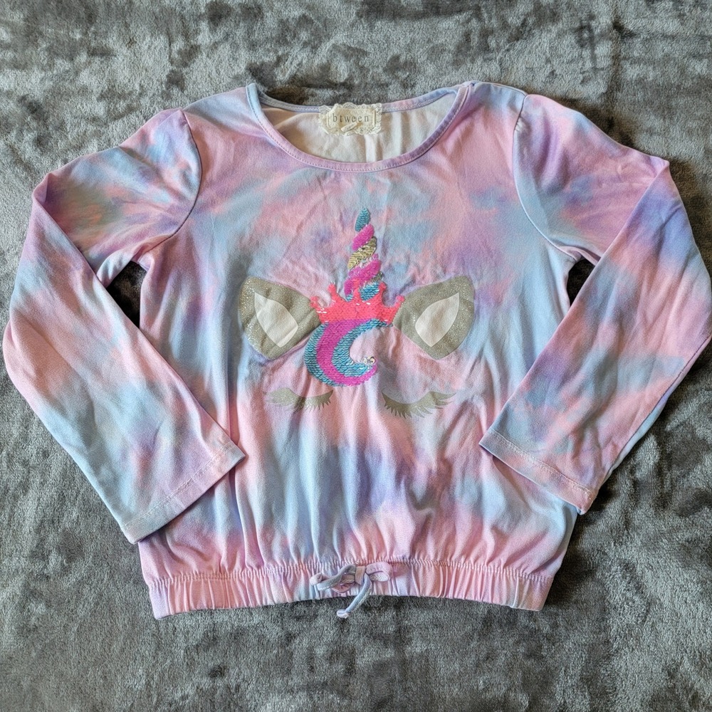 Btween Sequin Unicorn Top Girls 7 Pink Blue Tie Dye Excellent Long Sleeve 713